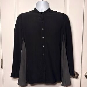 Eileen Fisher Petite Silk Tunic Blouse Colorblock Black Gray Button Front PP